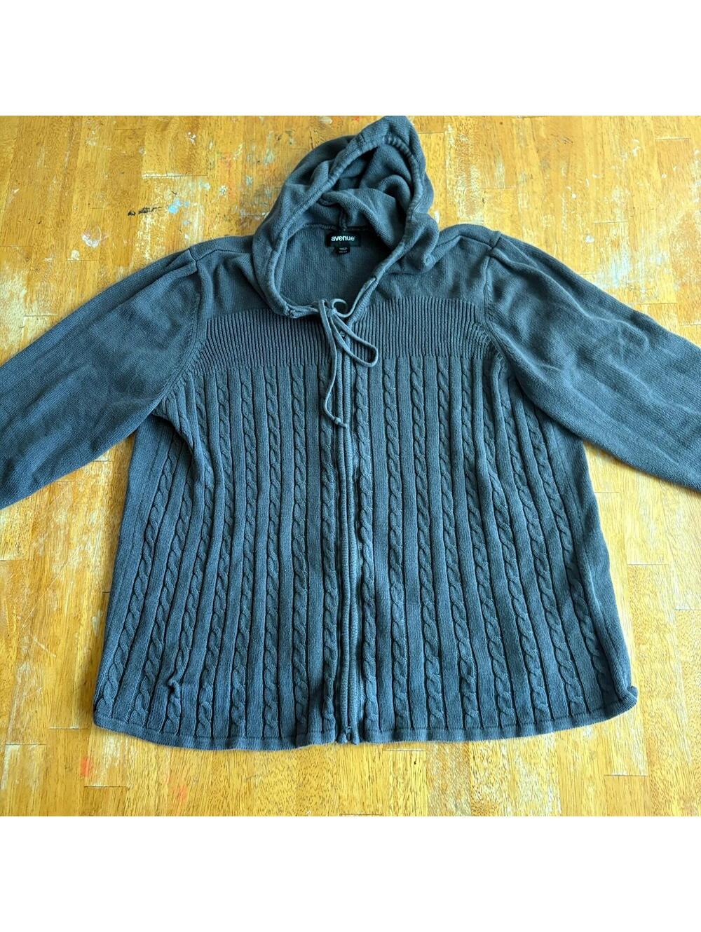 Avenue Cable Knit Hooded Sweater Zip Front Plus Size 22 24 Gray Cardigan Coat
